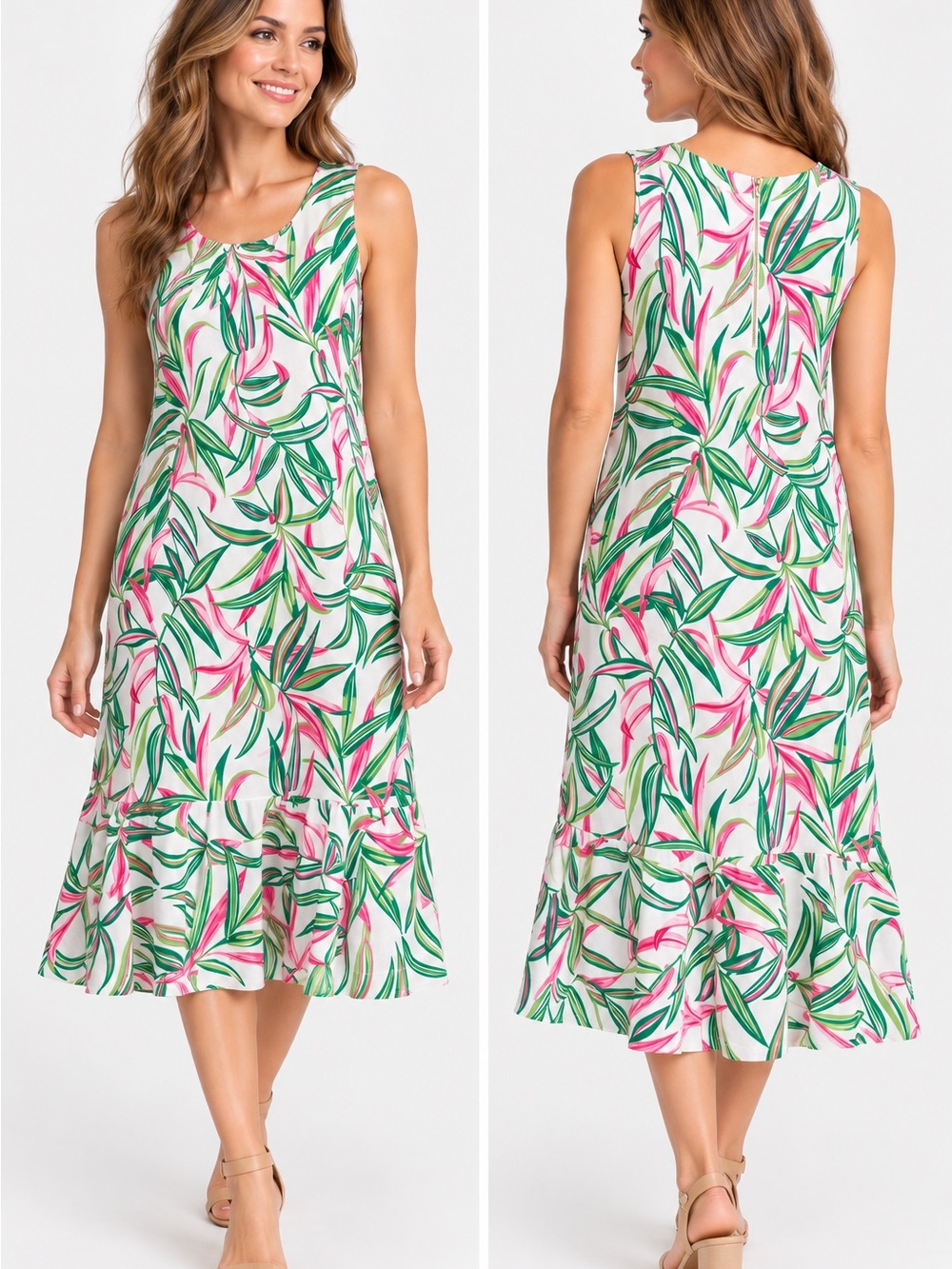 Tommy Bahama White Midi Dress with Pink & Green Leaf Print M